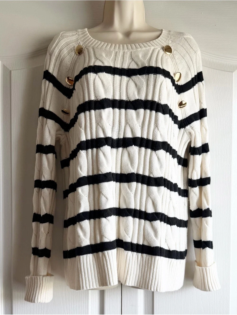 Talbots Crew Neck Breton Stripe Cable Knit Sweater